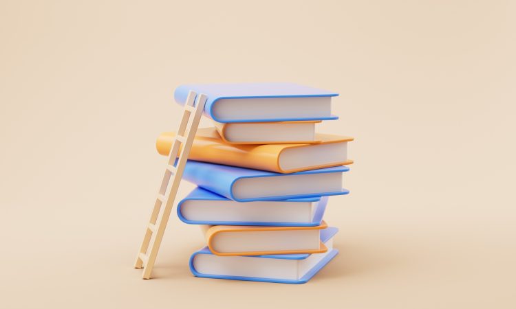 Stack of books with a ladder propped up against them.