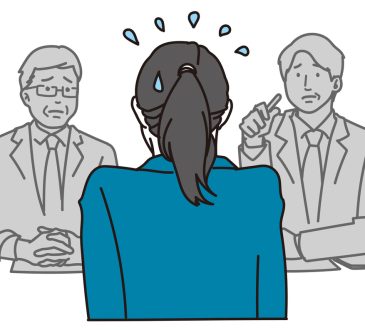 an illustration of a nervous job candidate, sweating during an interview, sitting in front of two interviewers who have serious expressions.