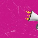 Photo illustration of hand holding megaphone against hot pink background