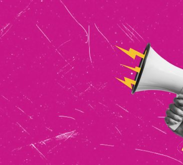 Photo illustration of hand holding megaphone against hot pink background