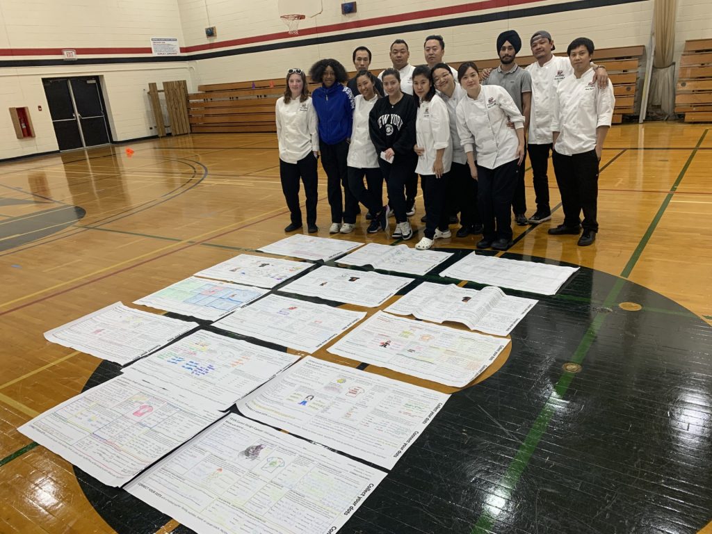 Students pose for a photo in a gymnasium, with large sheets of paper displayed on the floor in front of them.