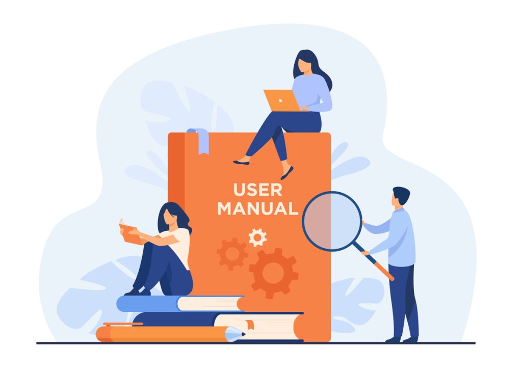 Illustration of tiny people sitting around giant user manual