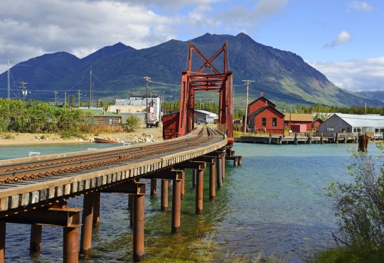 A rail bridge leading into Carcross, Yukon