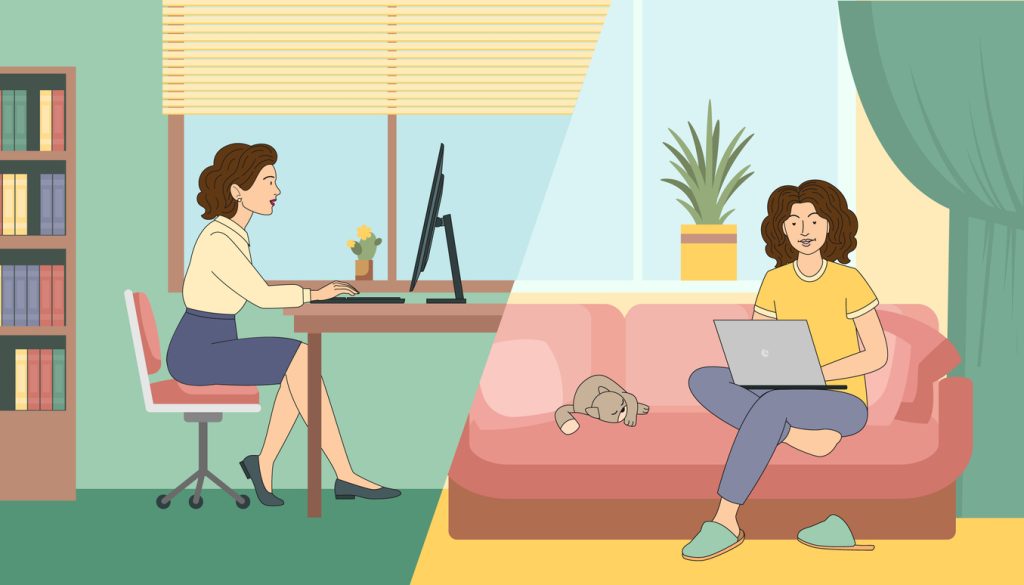 Illustration of split screen image: on left, woman working in office; on right, working from home on couch with cat