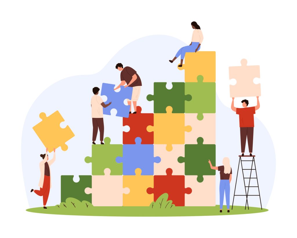 Illustration of group of people building tower made of puzzle pizzas