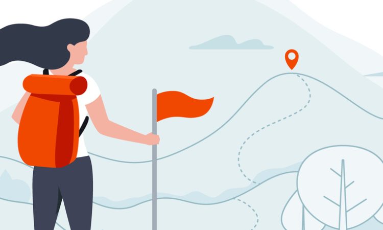 Illustration of woman standing holding flag in front of mapped trail up mountain