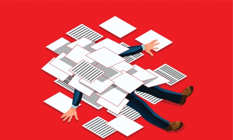 Illustration of person buried under pile of paper