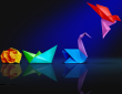 Illustration of origami - transforming from ball of paper to boat to swan to flying hummingbird