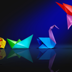 Illustration of origami - transforming from ball of paper to boat to swan to flying hummingbird