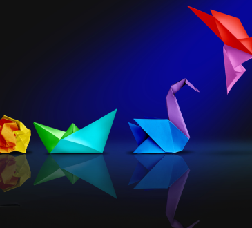 Illustration of origami - transforming from ball of paper to boat to swan to flying hummingbird