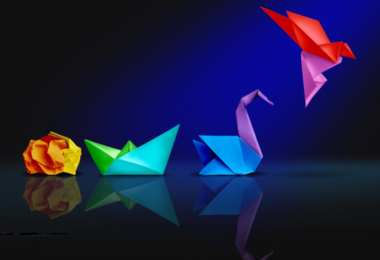 Illustration of origami - transforming from ball of paper to boat to swan to flying hummingbird