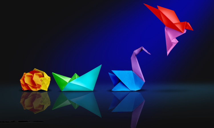 Illustration of origami - transforming from ball of paper to boat to swan to flying hummingbird