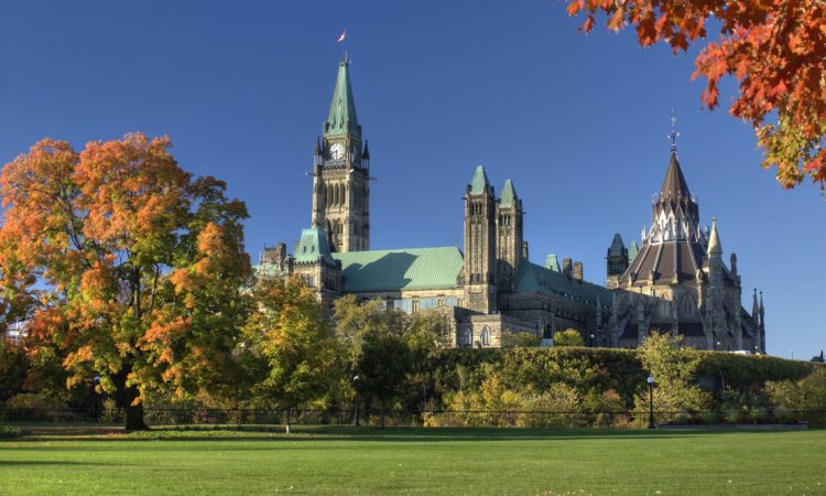 The Parliament Buildings viewed from Major's Hill Park during a clear Autumn day.