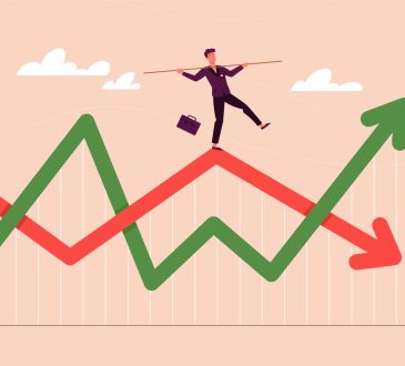 Financial investment volatility, up and down arrows on profit graph