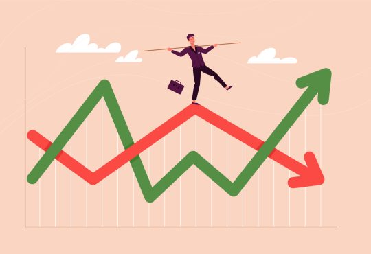 Financial investment volatility, up and down arrows on profit graph