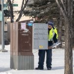 A postal worker depositing mail into a residential mailbox within the neighbourhood