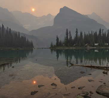 Lake O’Hara shrouded in forest fire smoke in Yoho National Park, British Columbia