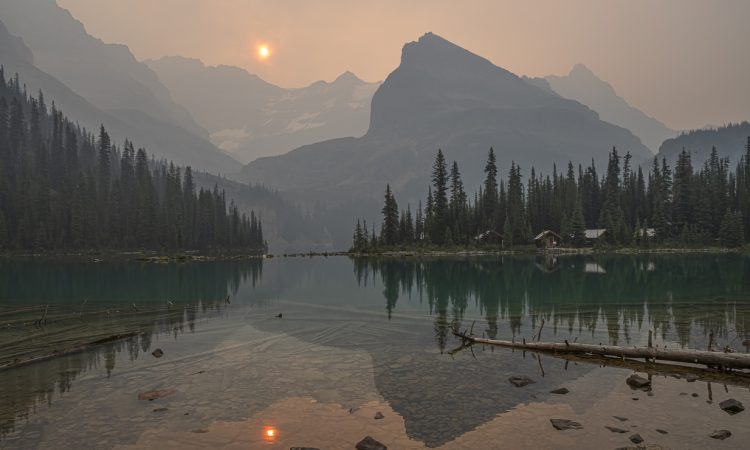 Lake O’Hara shrouded in forest fire smoke in Yoho National Park, British Columbia