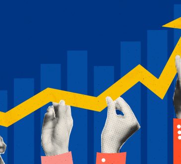 hands of 4 people holding rising arrow chart.