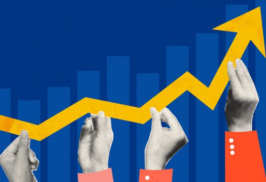 hands of 4 people holding rising arrow chart.