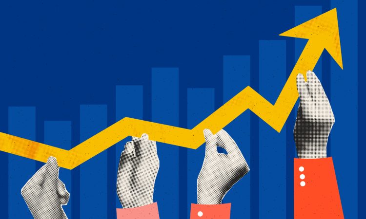 hands of 4 people holding rising arrow chart.