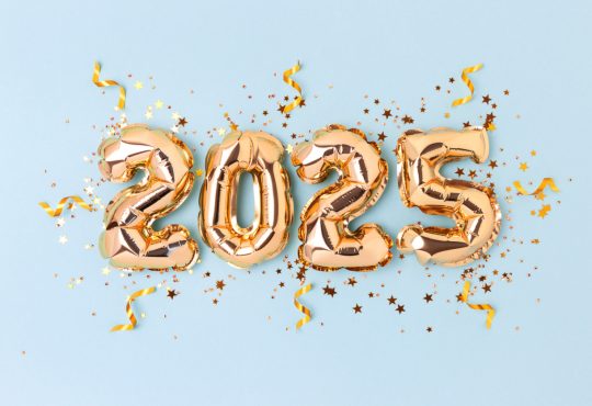 Golden inflatable balloons spelling out 2025