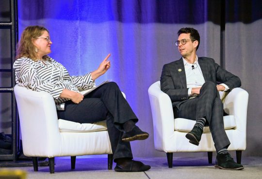 Tony Bonen and Tricia Williams speak on stage during a panel discussion at CERIC's Cannexus conference.