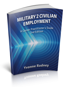 Book cover: Military 2 Civilian Employment. The book cover is dark blue with white text. It has lighter blue concentric circles and large arrows coming from the left-hand side.