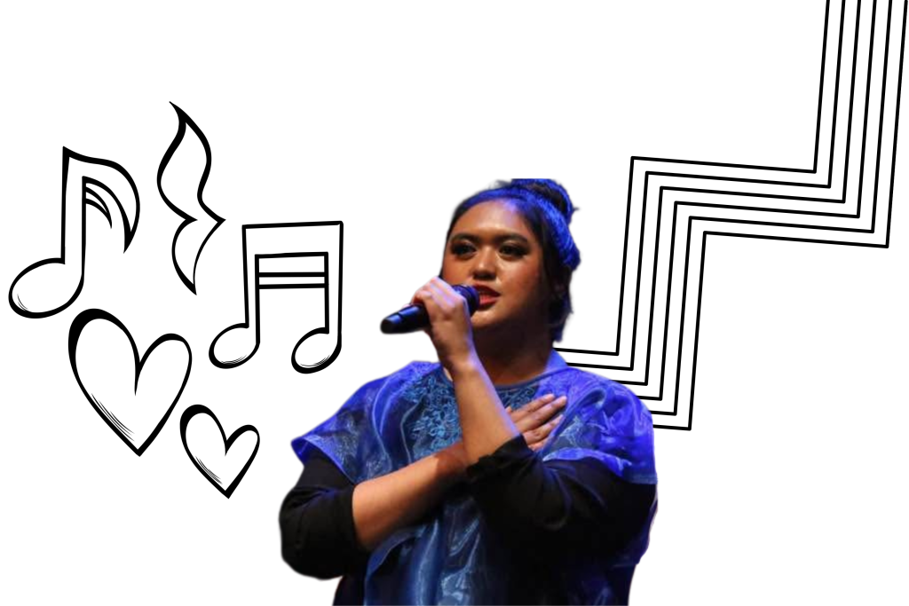 A photo illustration showing the author speaking into a microphone. Black and white line graphics in the background of music note, hearts and abstract shapes.