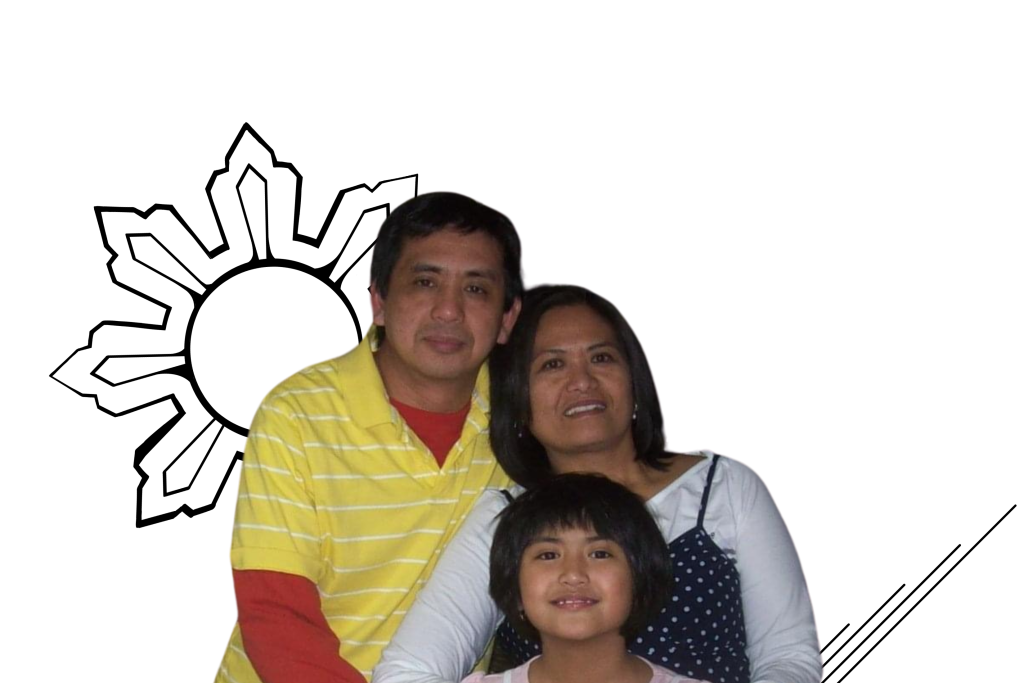 Photo illustration of the author as a young child with her parents, against white background with starburst or sun icon behind them