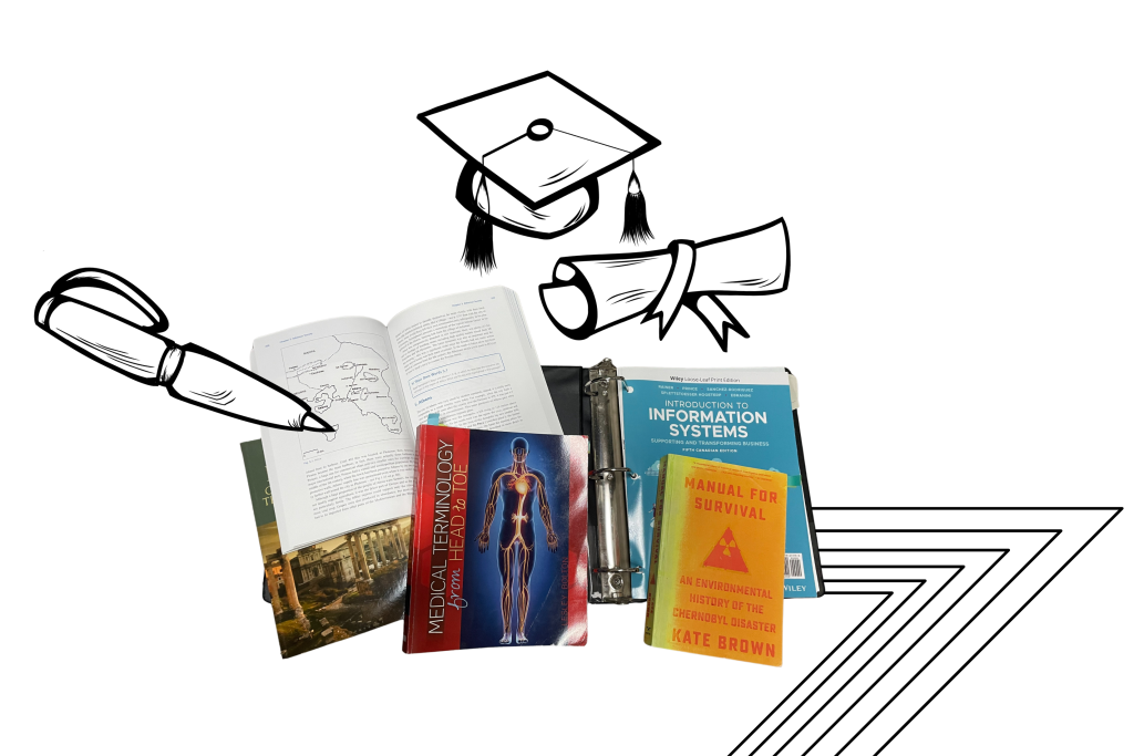 Photo illustration of pile of books, with graphics of pencil, graduation cap and diploma