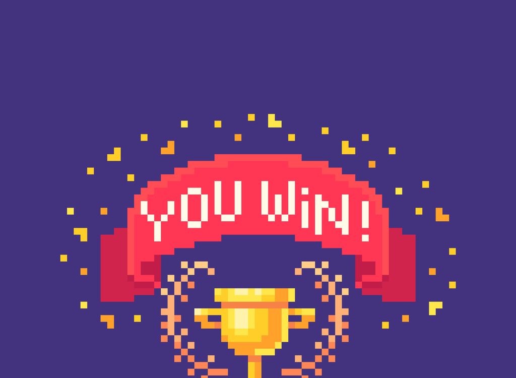 8-bit illustration style of gold trophy with banner saying "you win!"