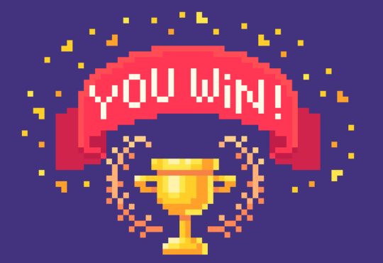 8-bit illustration style of gold trophy with banner saying "you win!"