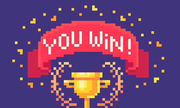 8-bit illustration style of gold trophy with banner saying "you win!"