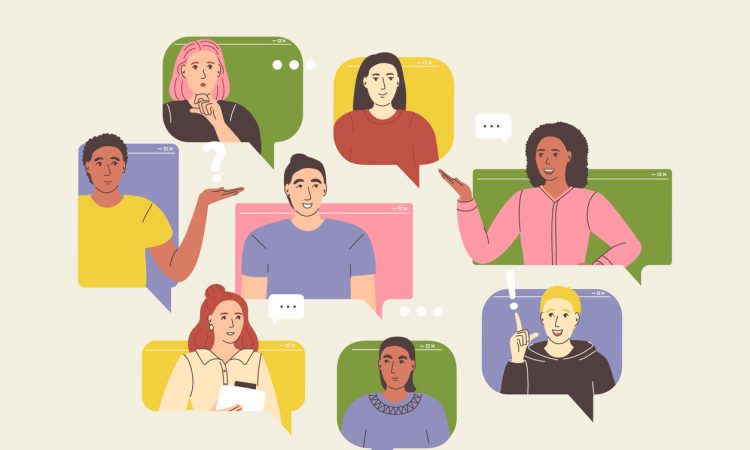 Illustration of various people in speech bubbles talking