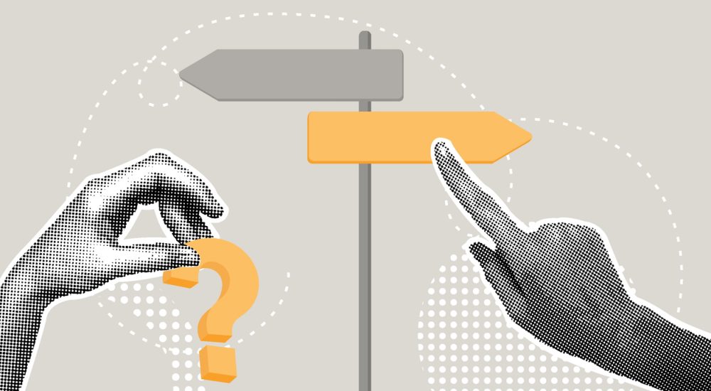Photo illustration of two hands, one holding question mark, the other pointing at wayfinding sign