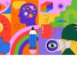Geometrical style vector design with light bulb, brain, pencil.