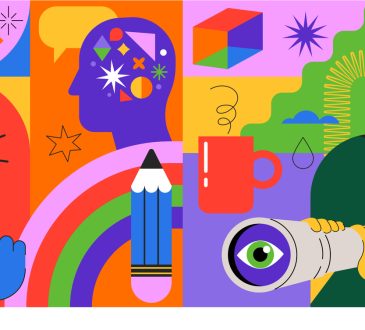Geometrical style vector design with light bulb, brain, pencil.