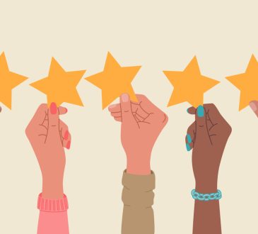 Group of hands holding a five stars rating.