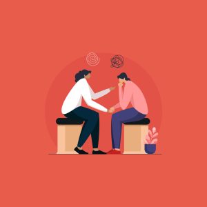 Illustration of two people sitting closely together, one supporting the other