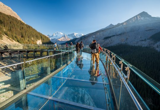 Tourists standing on glass-floored observation deck at Jasper National Park