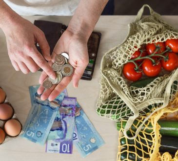 Groceries on counter surrounding hands of person counting cash