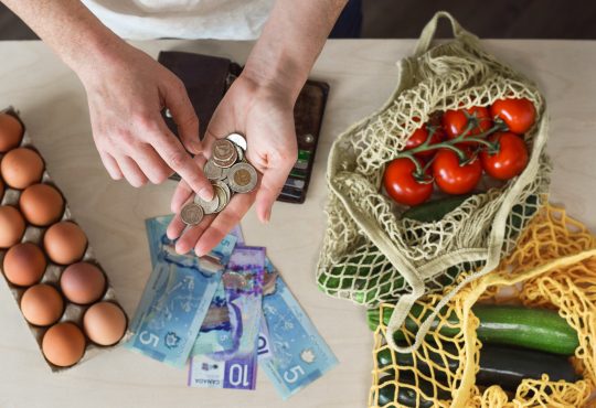 Groceries on counter surrounding hands of person counting cash
