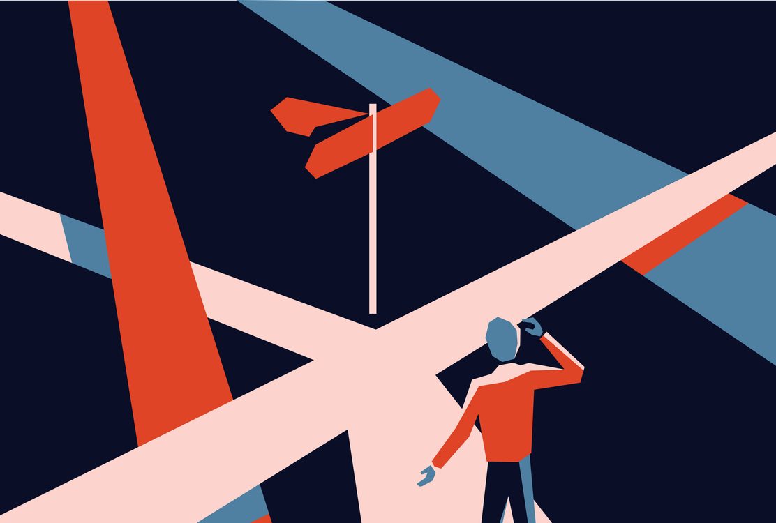 Illustration of confused person looking at a bunch of intersecting pathways