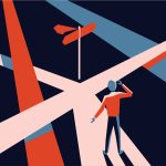 Illustration of confused person looking at a bunch of intersecting pathways