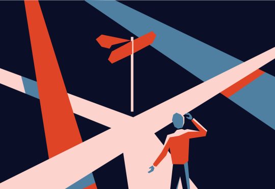 Illustration of confused person looking at a bunch of intersecting pathways