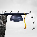 students falling from a cliff shaped as a graduation mortarboard