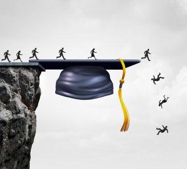students falling from a cliff shaped as a graduation mortarboard