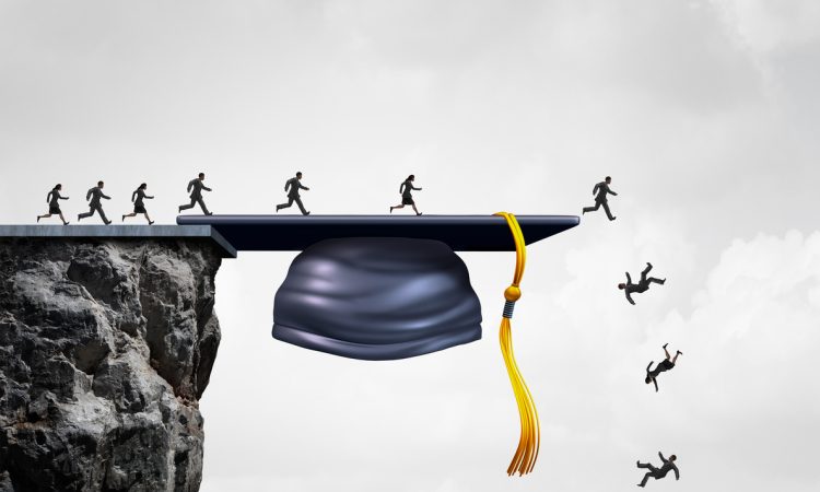 students falling from a cliff shaped as a graduation mortarboard