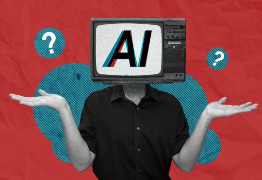 Photo illustration of person with AI on TV screen for head